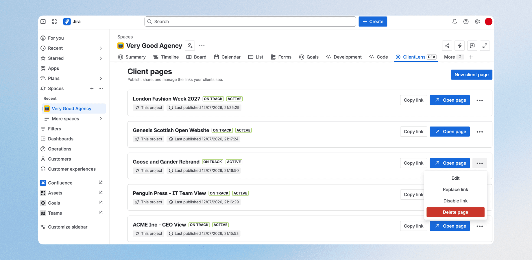 Manage every client page in one place — copy, replace, or disable any link independently.