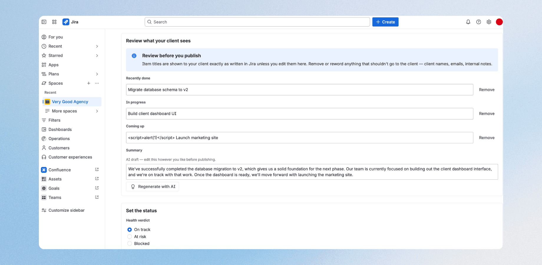 Review and edit the summary, set the status, and choose exactly which work items appear before publishing.