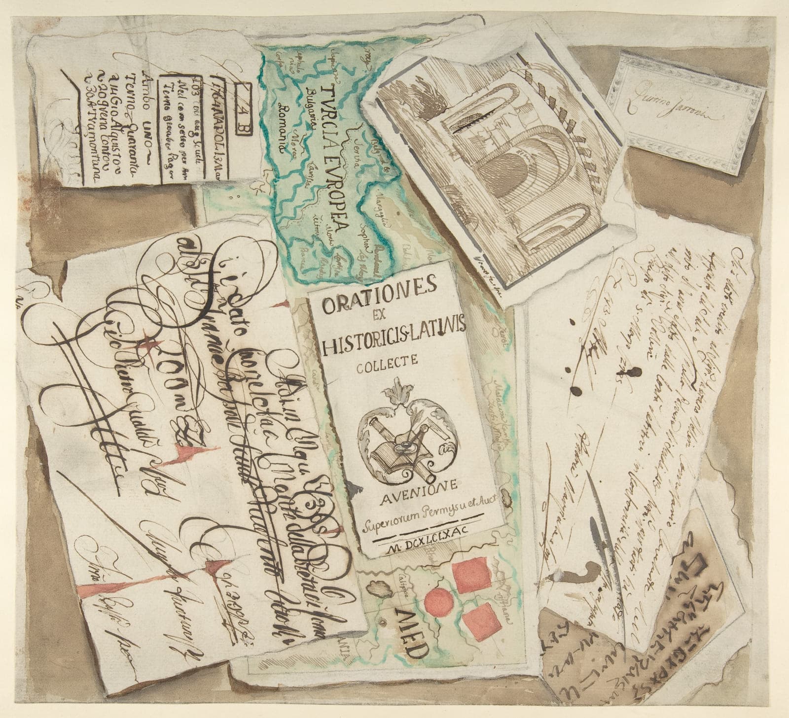 A painted jumble of loose papers, handwritten notes, a printed title page, a calling card and a folded map, all overlapping on a flat board.